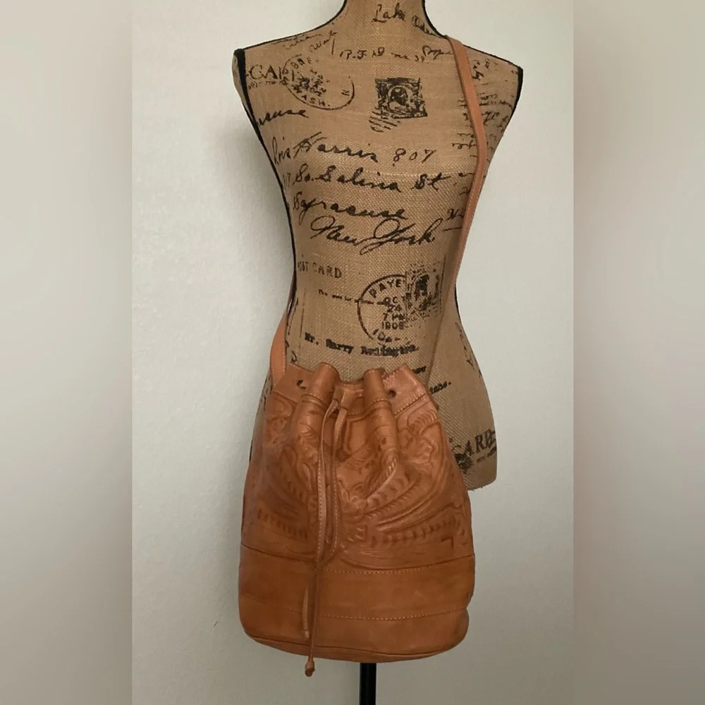 Tan Leather Bucket Bag with Embossed Detail